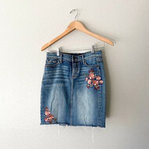 Aqua 80s Vibe Denim Skirt Embroidered Flowers Cut